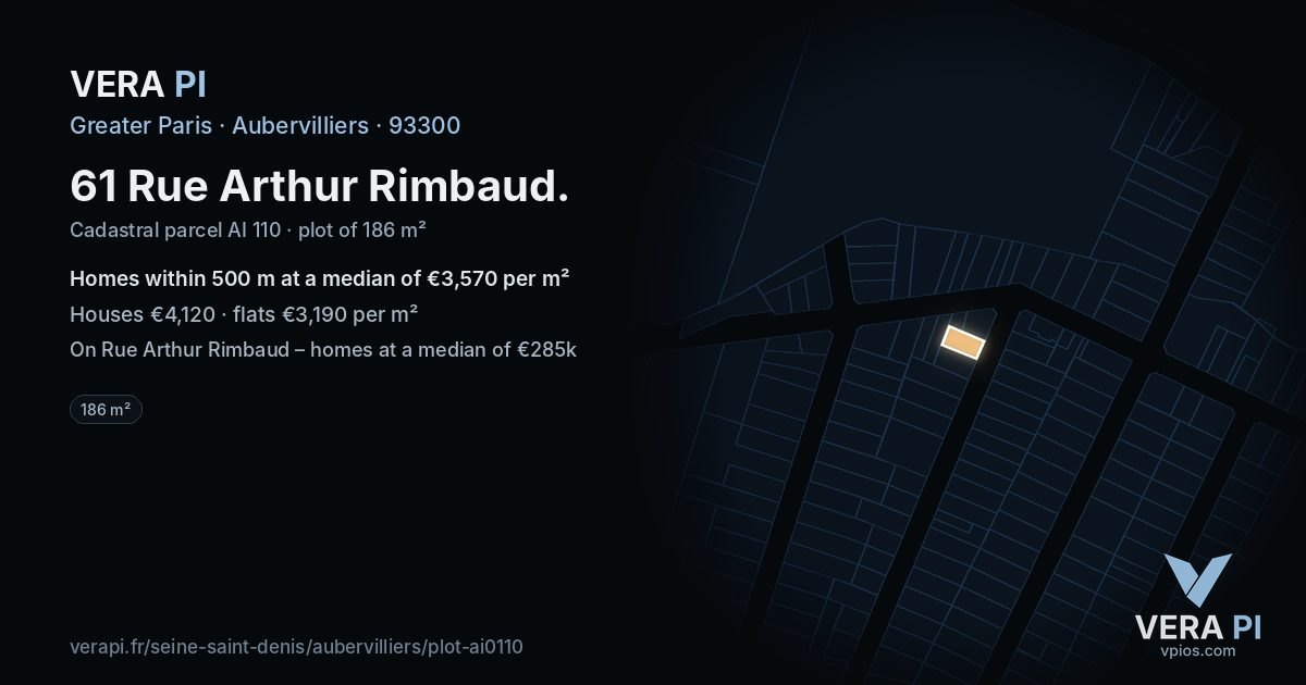 61 Rue Arthur Rimbaud, Aubervilliers at night – the plot lit, the parcels around coloured by the prices near them