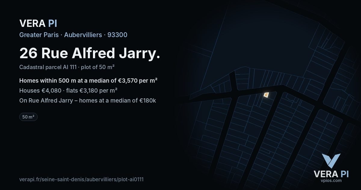 26 Rue Alfred Jarry, Aubervilliers at night – the plot lit, the parcels around coloured by the prices near them