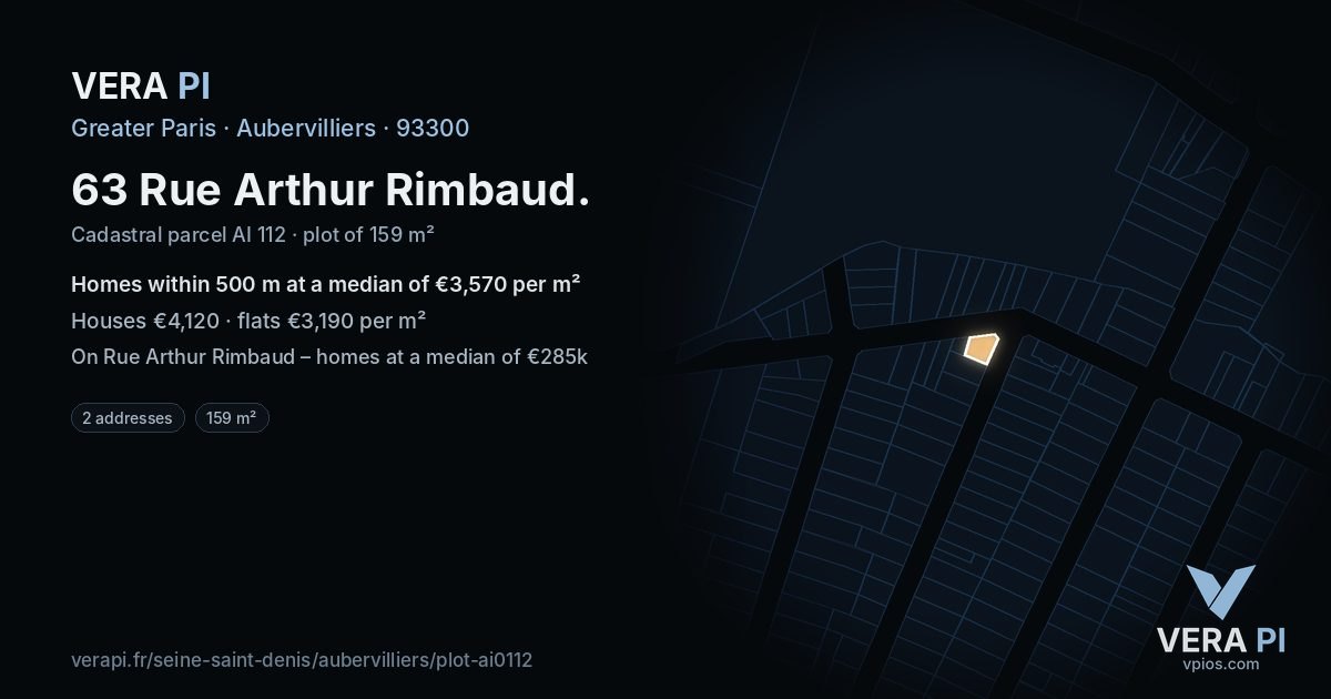 63 Rue Arthur Rimbaud, Aubervilliers at night – the plot lit, the parcels around coloured by the prices near them