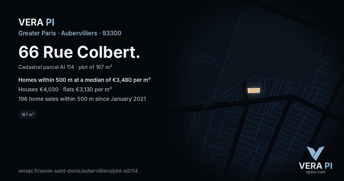 66 Rue Colbert, Aubervilliers at night – the plot lit, the parcels around coloured by the prices near them