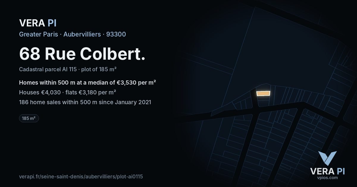 68 Rue Colbert, Aubervilliers at night – the plot lit, the parcels around coloured by the prices near them