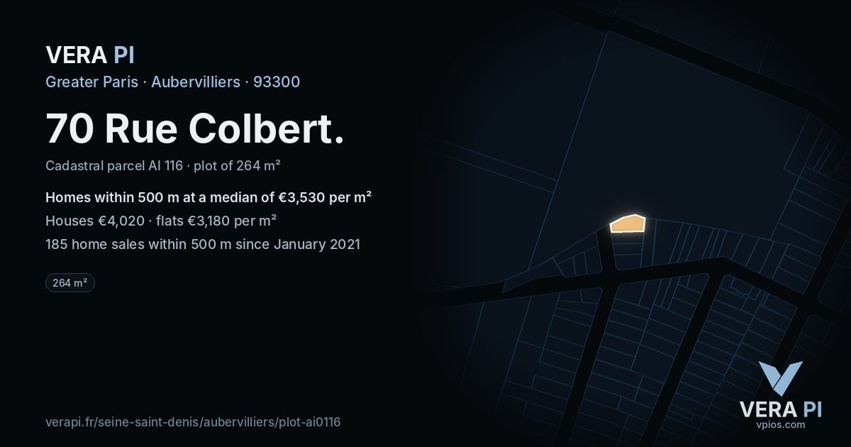 70 Rue Colbert, Aubervilliers at night – the plot lit, the parcels around coloured by the prices near them