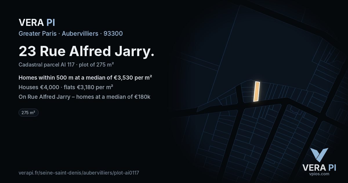 23 Rue Alfred Jarry, Aubervilliers at night – the plot lit, the parcels around coloured by the prices near them