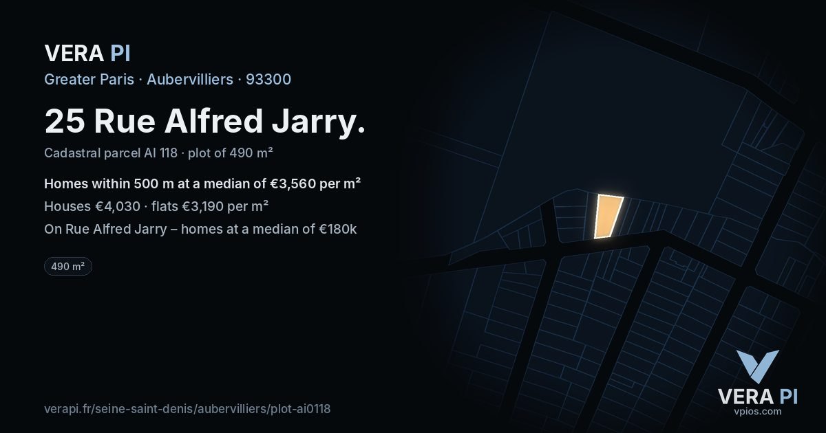 25 Rue Alfred Jarry, Aubervilliers at night – the plot lit, the parcels around coloured by the prices near them