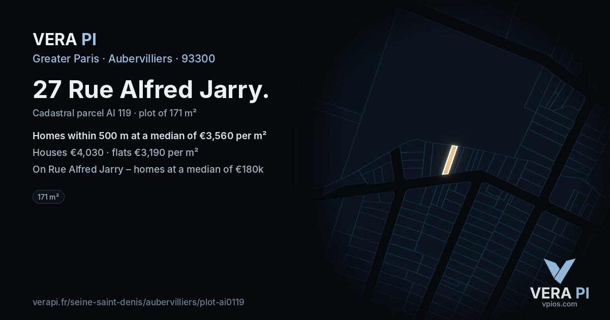 27 Rue Alfred Jarry, Aubervilliers at night – the plot lit, the parcels around coloured by the prices near them