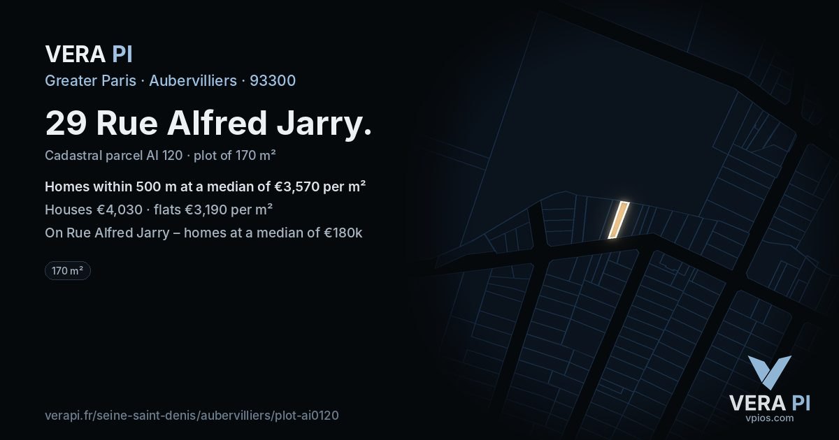29 Rue Alfred Jarry, Aubervilliers at night – the plot lit, the parcels around coloured by the prices near them