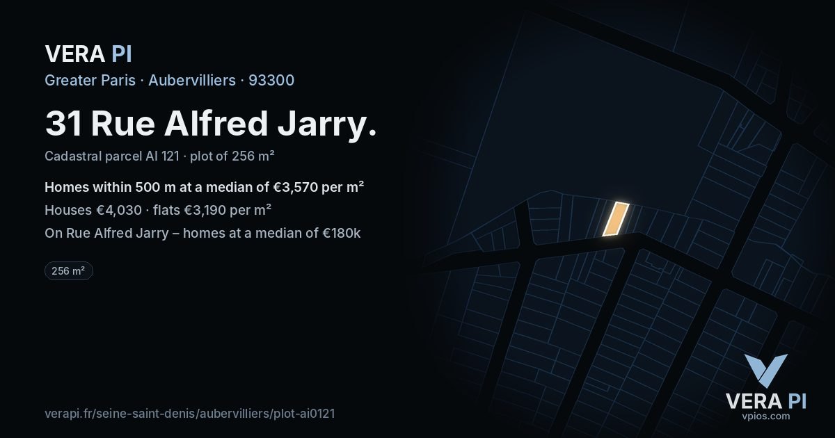 31 Rue Alfred Jarry, Aubervilliers at night – the plot lit, the parcels around coloured by the prices near them