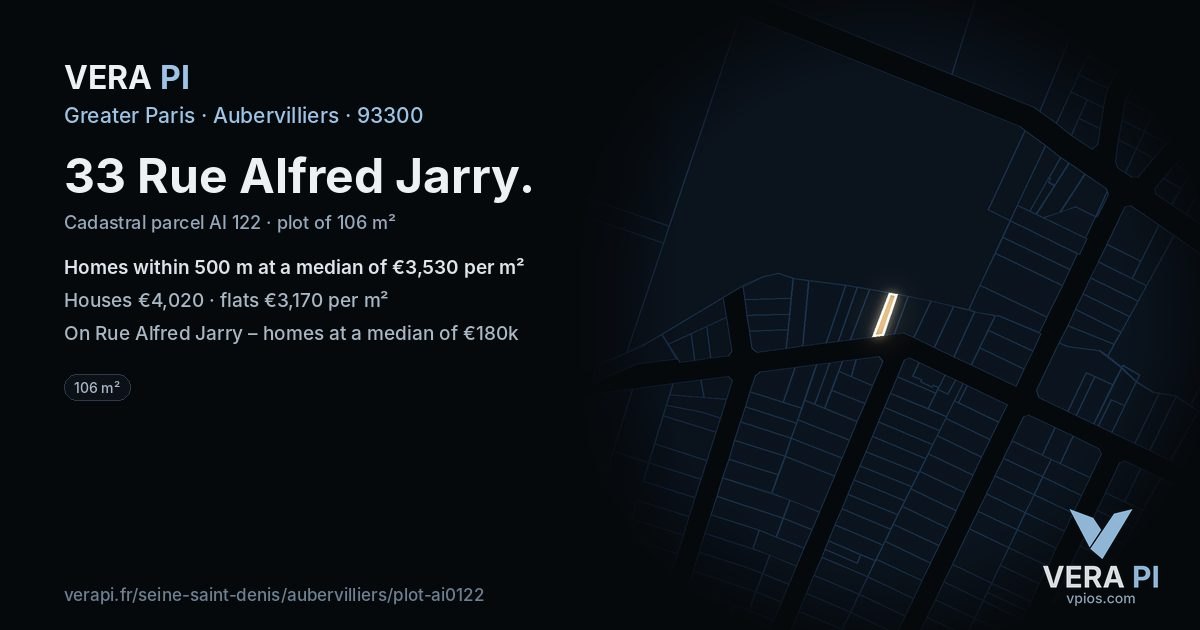 33 Rue Alfred Jarry, Aubervilliers at night – the plot lit, the parcels around coloured by the prices near them