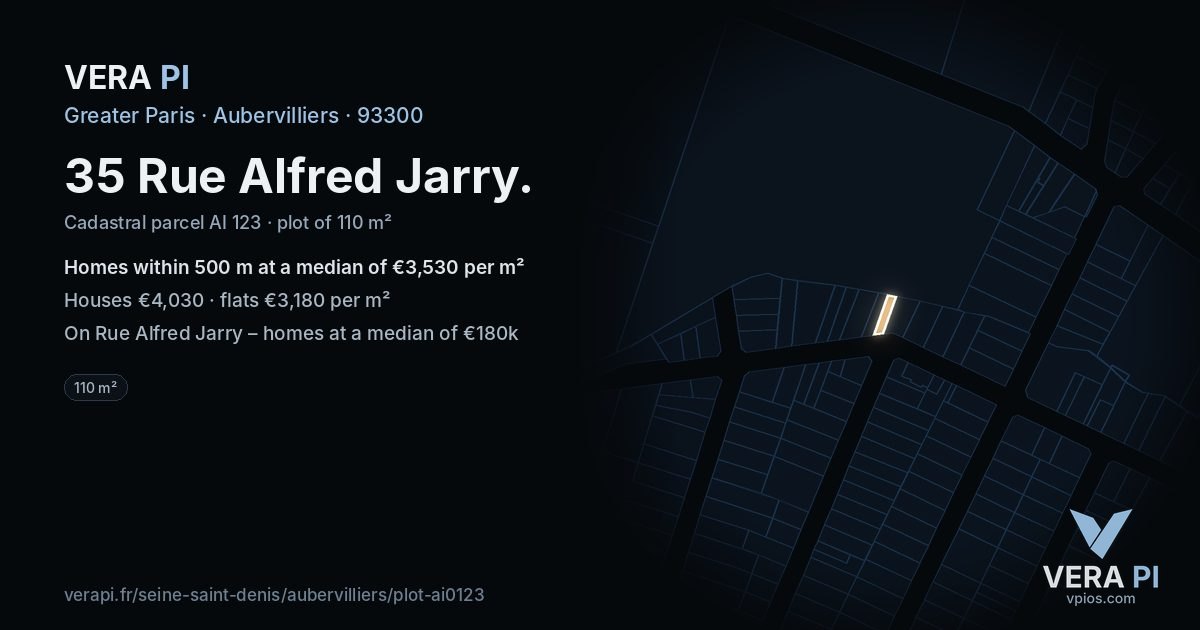 35 Rue Alfred Jarry, Aubervilliers at night – the plot lit, the parcels around coloured by the prices near them
