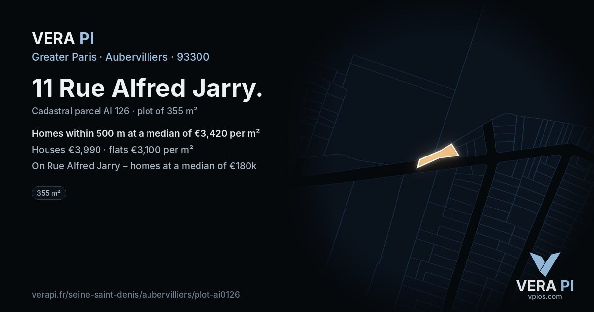 11 Rue Alfred Jarry, Aubervilliers at night – the plot lit, the parcels around coloured by the prices near them