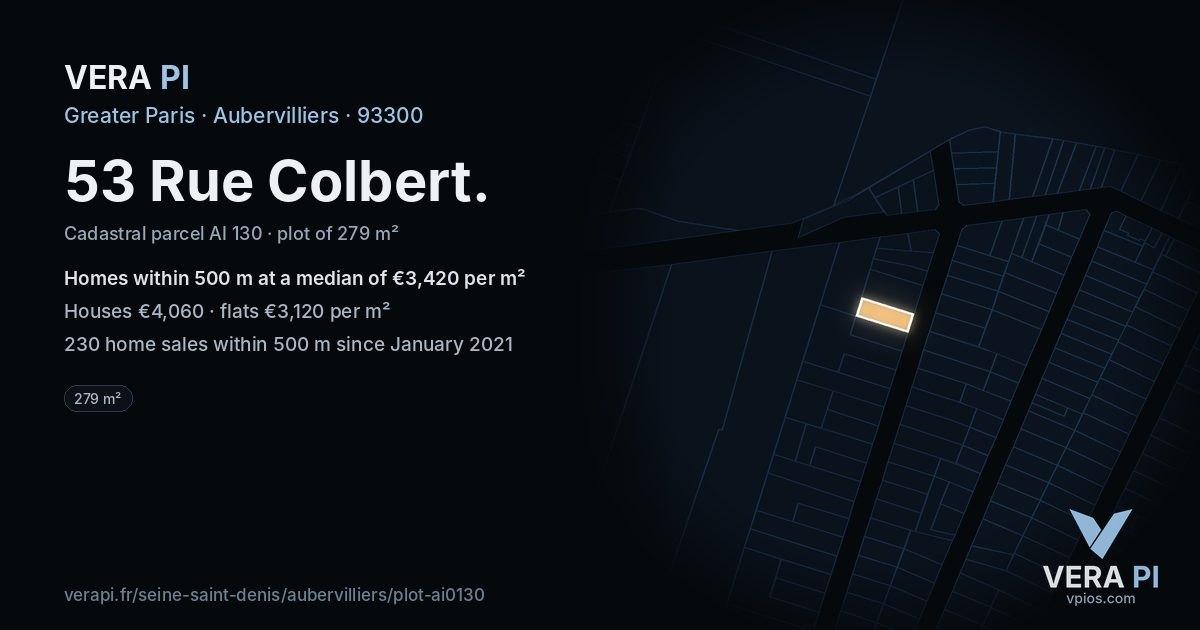 53 Rue Colbert, Aubervilliers at night – the plot lit, the parcels around coloured by the prices near them
