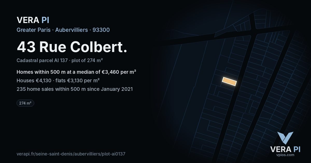 43 Rue Colbert, Aubervilliers at night – the plot lit, the parcels around coloured by the prices near them
