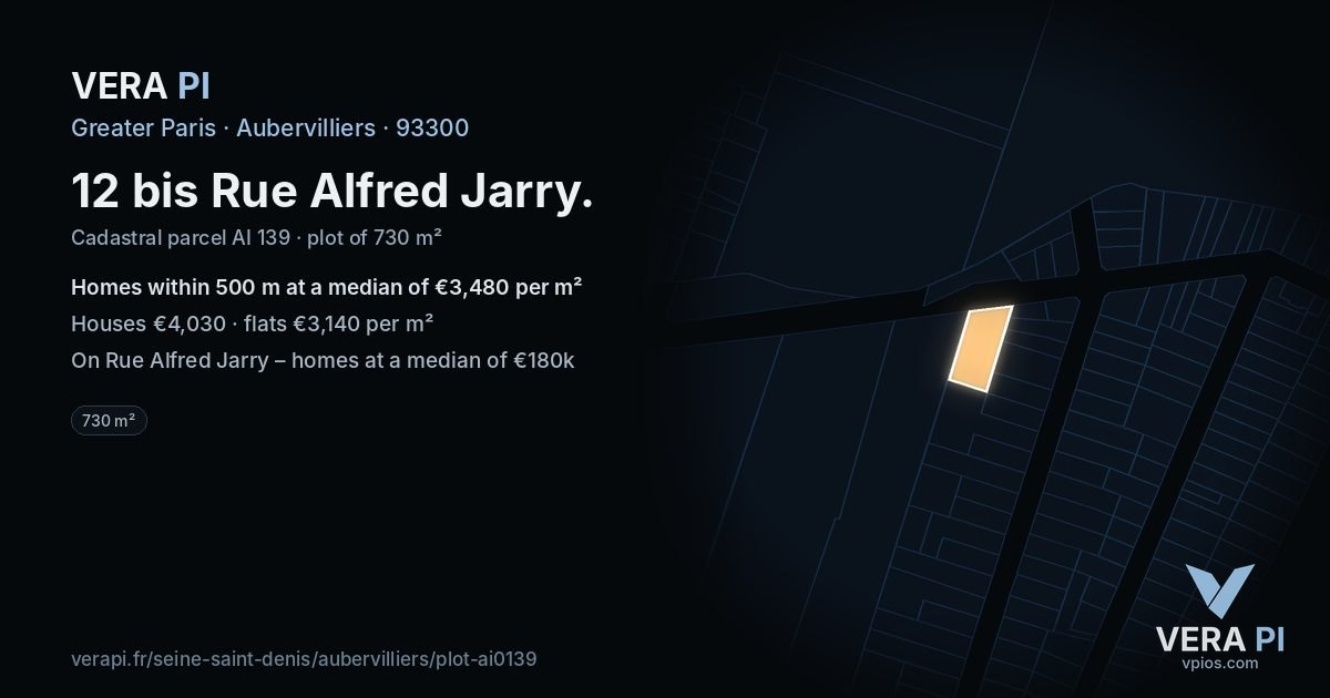 12 bis Rue Alfred Jarry, Aubervilliers at night – the plot lit, the parcels around coloured by the prices near them