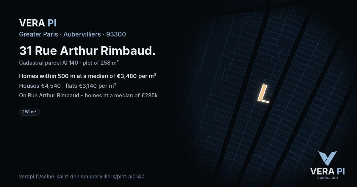 31 Rue Arthur Rimbaud, Aubervilliers at night – the plot lit, the parcels around coloured by the prices near them
