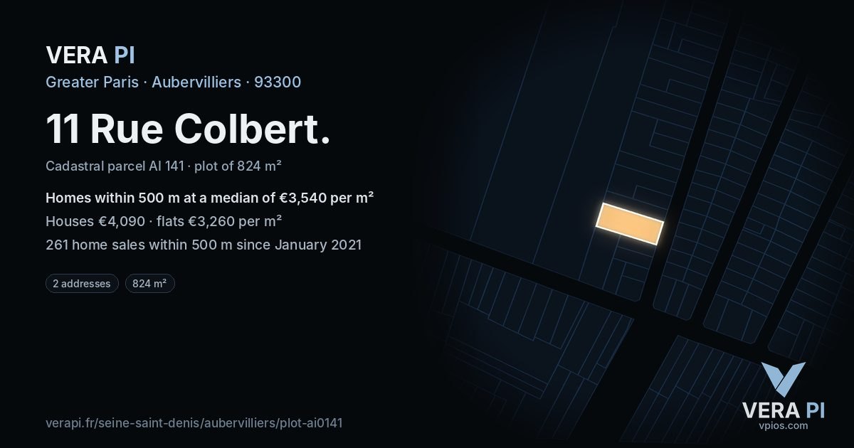 11 Rue Colbert, Aubervilliers at night – the plot lit, the parcels around coloured by the prices near them