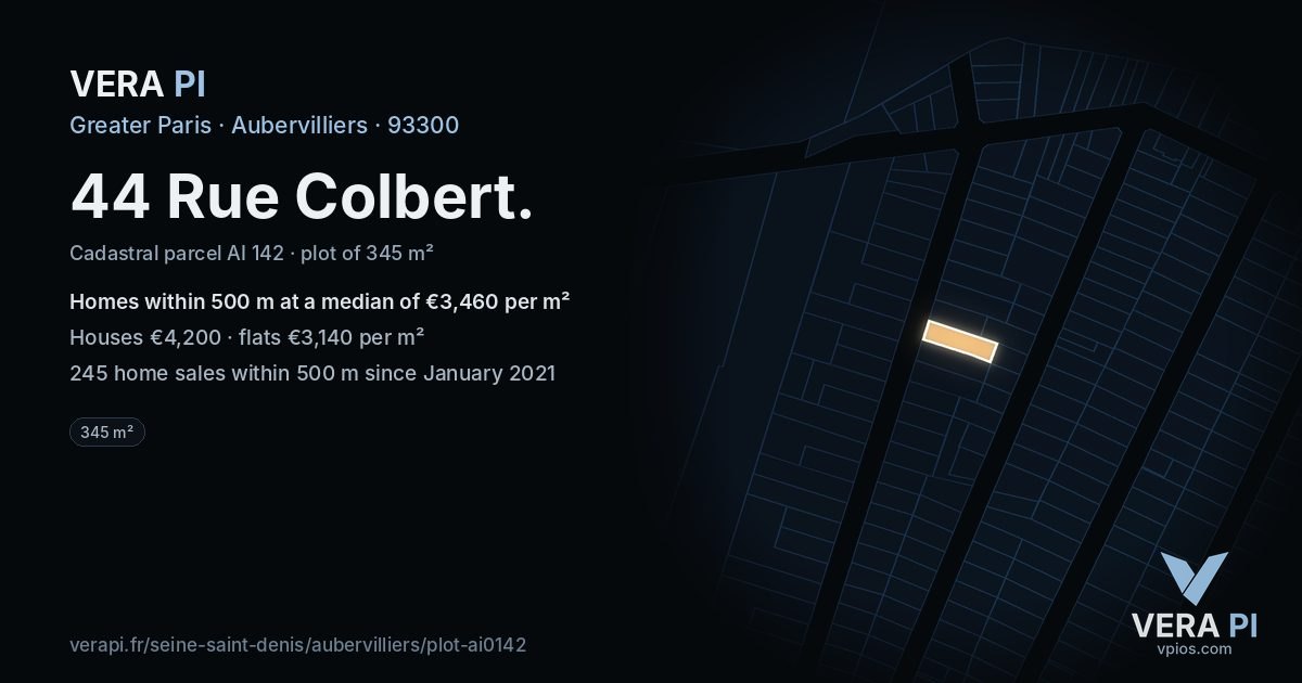44 Rue Colbert, Aubervilliers at night – the plot lit, the parcels around coloured by the prices near them