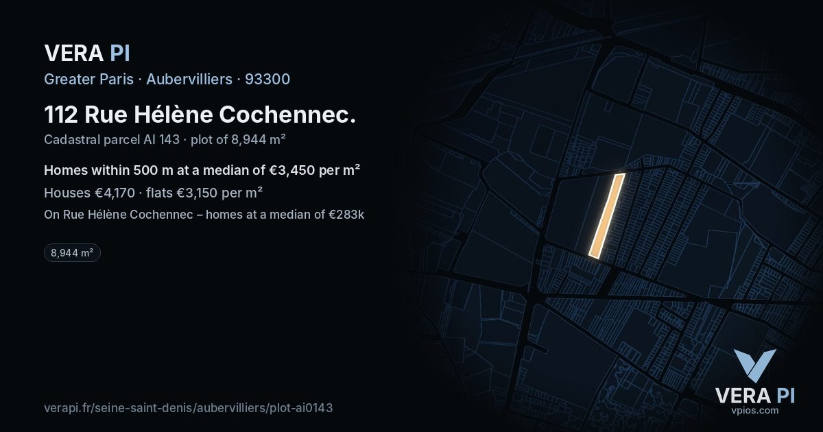 112 Rue Hélène Cochennec, Aubervilliers at night – the plot lit, the parcels around coloured by the prices near them