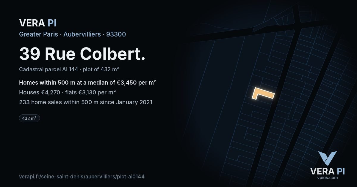 39 Rue Colbert, Aubervilliers at night – the plot lit, the parcels around coloured by the prices near them
