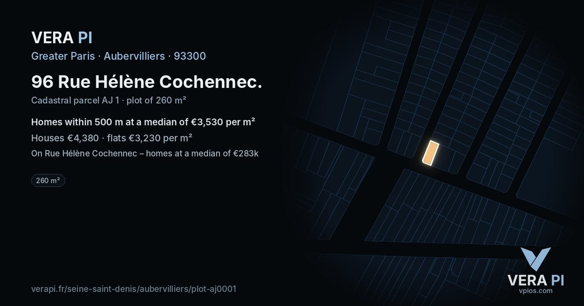 96 Rue Hélène Cochennec, Aubervilliers at night – the plot lit, the parcels around coloured by the prices near them