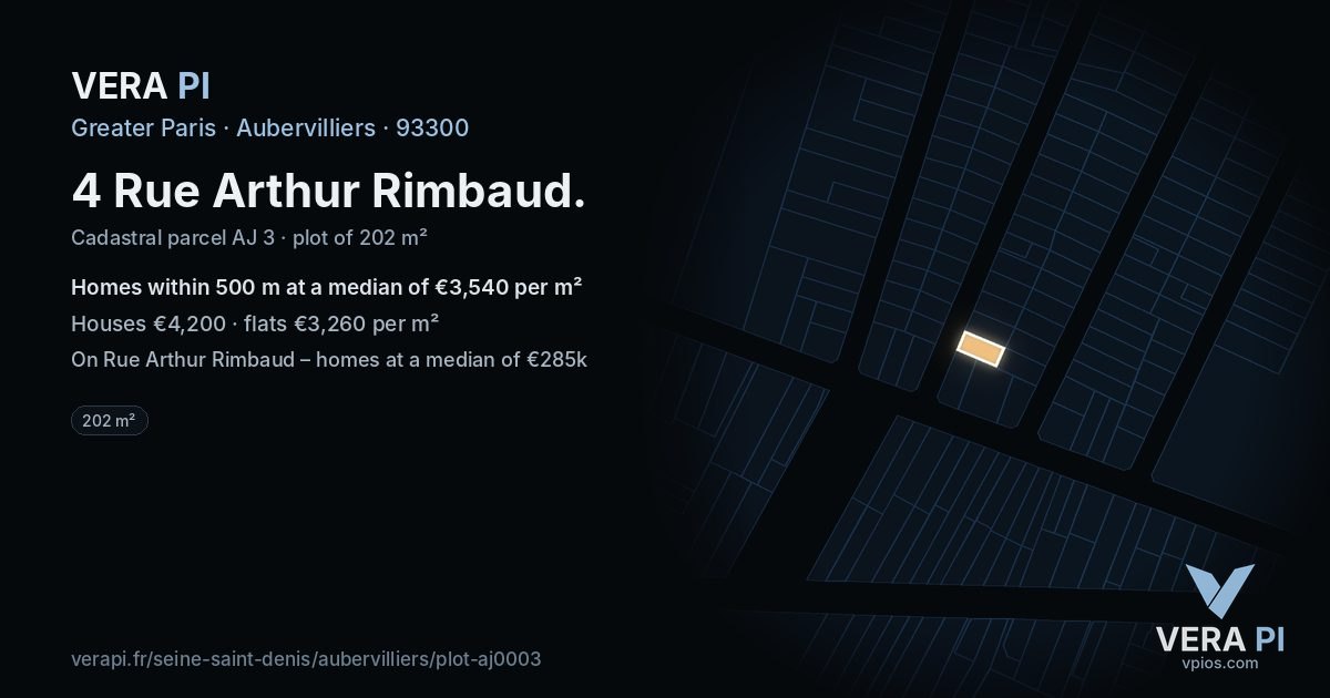 4 Rue Arthur Rimbaud, Aubervilliers at night – the plot lit, the parcels around coloured by the prices near them