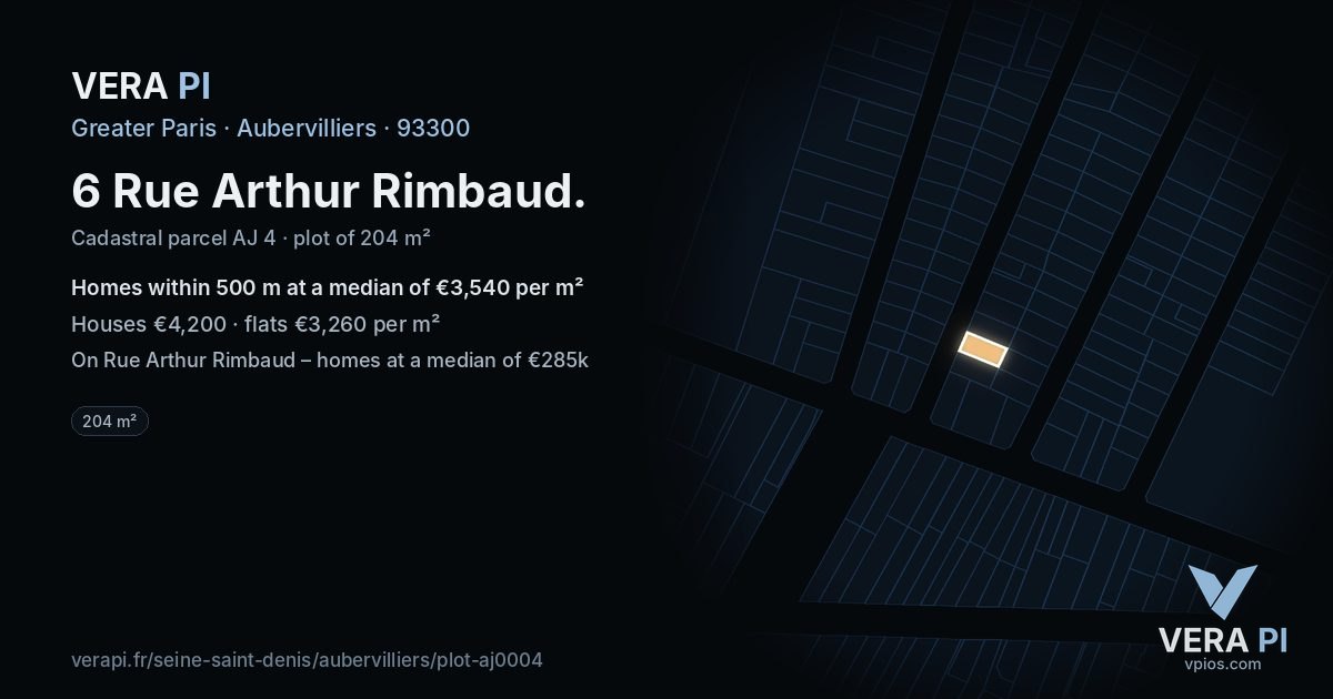 6 Rue Arthur Rimbaud, Aubervilliers at night – the plot lit, the parcels around coloured by the prices near them