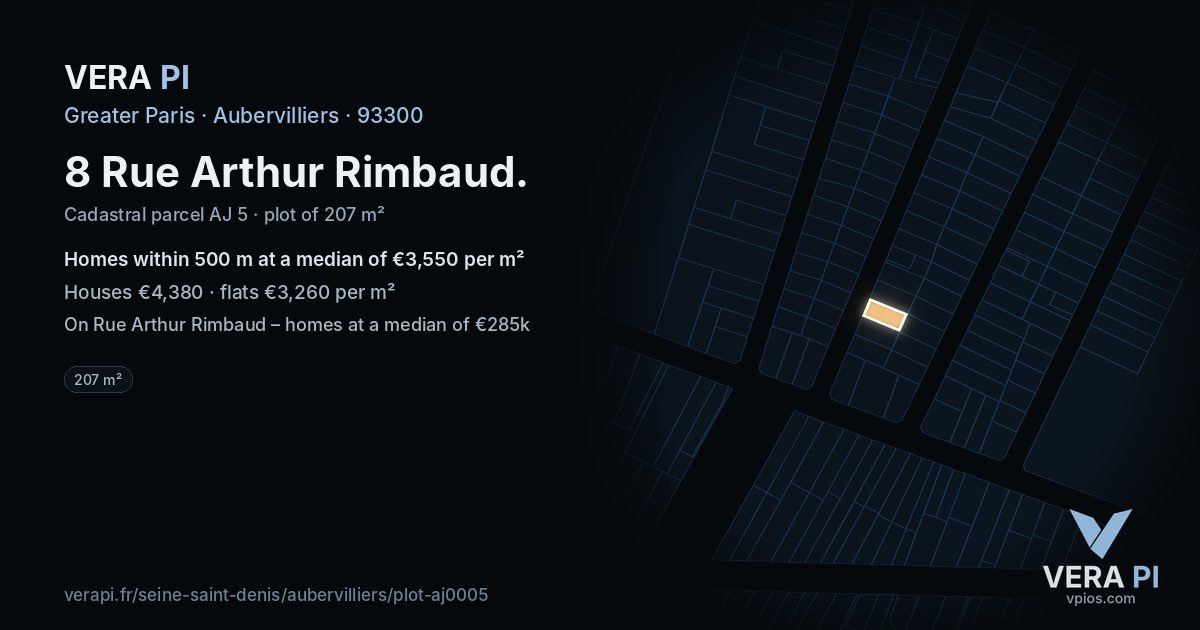 8 Rue Arthur Rimbaud, Aubervilliers at night – the plot lit, the parcels around coloured by the prices near them