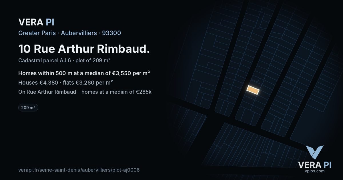 10 Rue Arthur Rimbaud, Aubervilliers at night – the plot lit, the parcels around coloured by the prices near them
