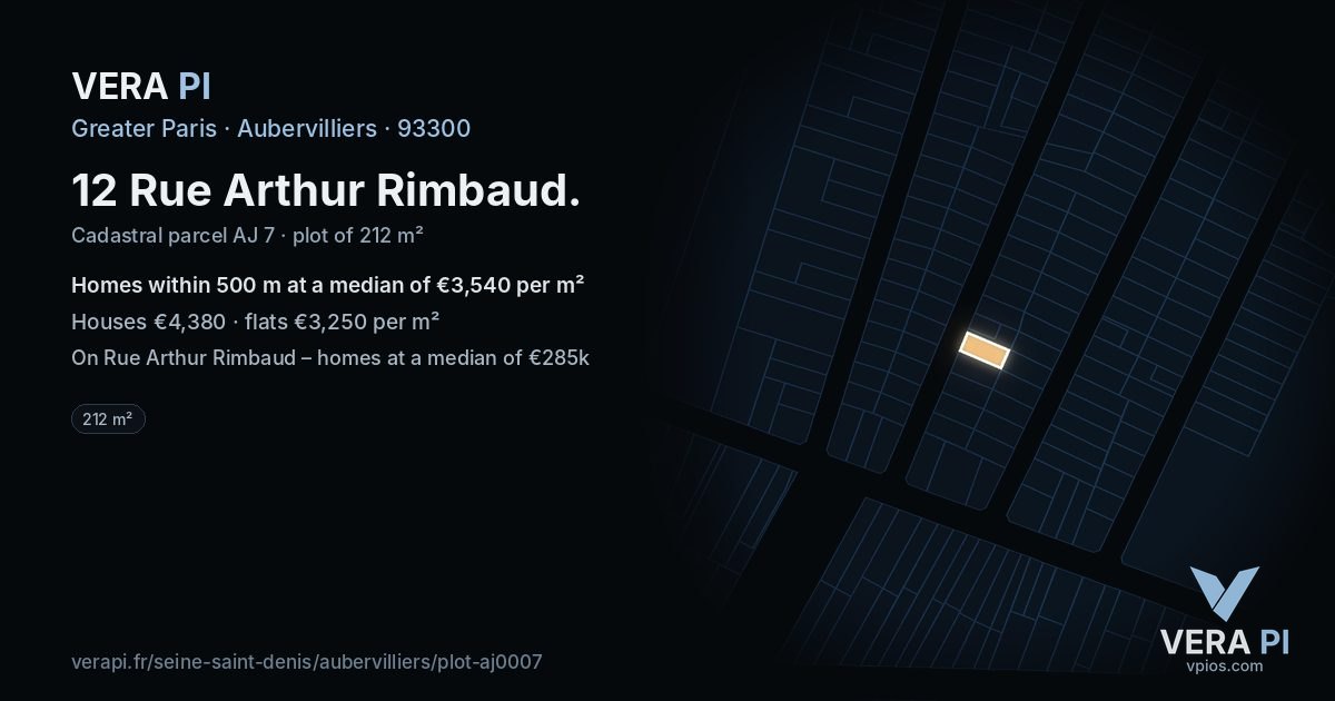 12 Rue Arthur Rimbaud, Aubervilliers at night – the plot lit, the parcels around coloured by the prices near them