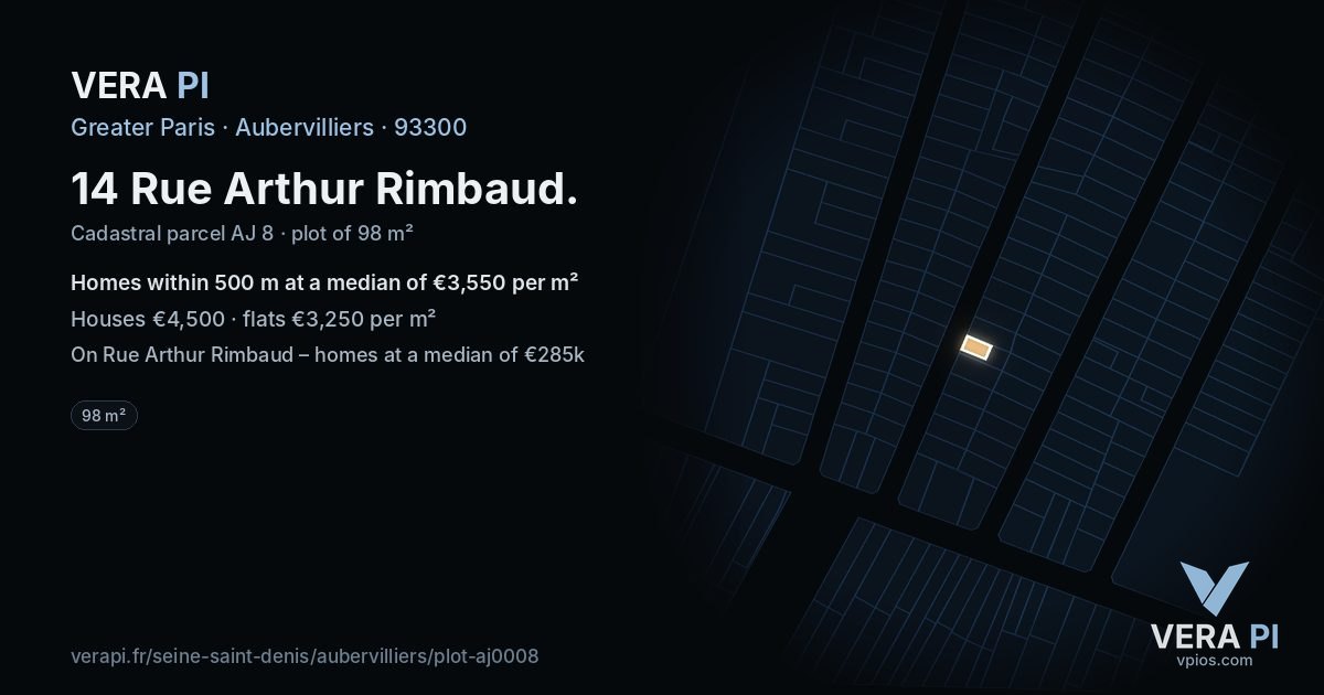 14 Rue Arthur Rimbaud, Aubervilliers at night – the plot lit, the parcels around coloured by the prices near them