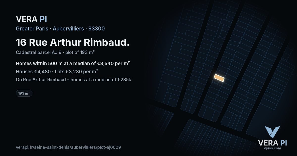 16 Rue Arthur Rimbaud, Aubervilliers at night – the plot lit, the parcels around coloured by the prices near them