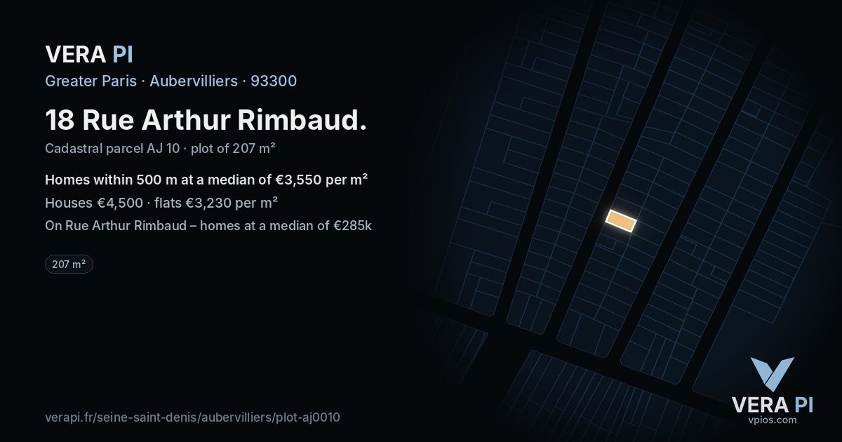 18 Rue Arthur Rimbaud, Aubervilliers at night – the plot lit, the parcels around coloured by the prices near them