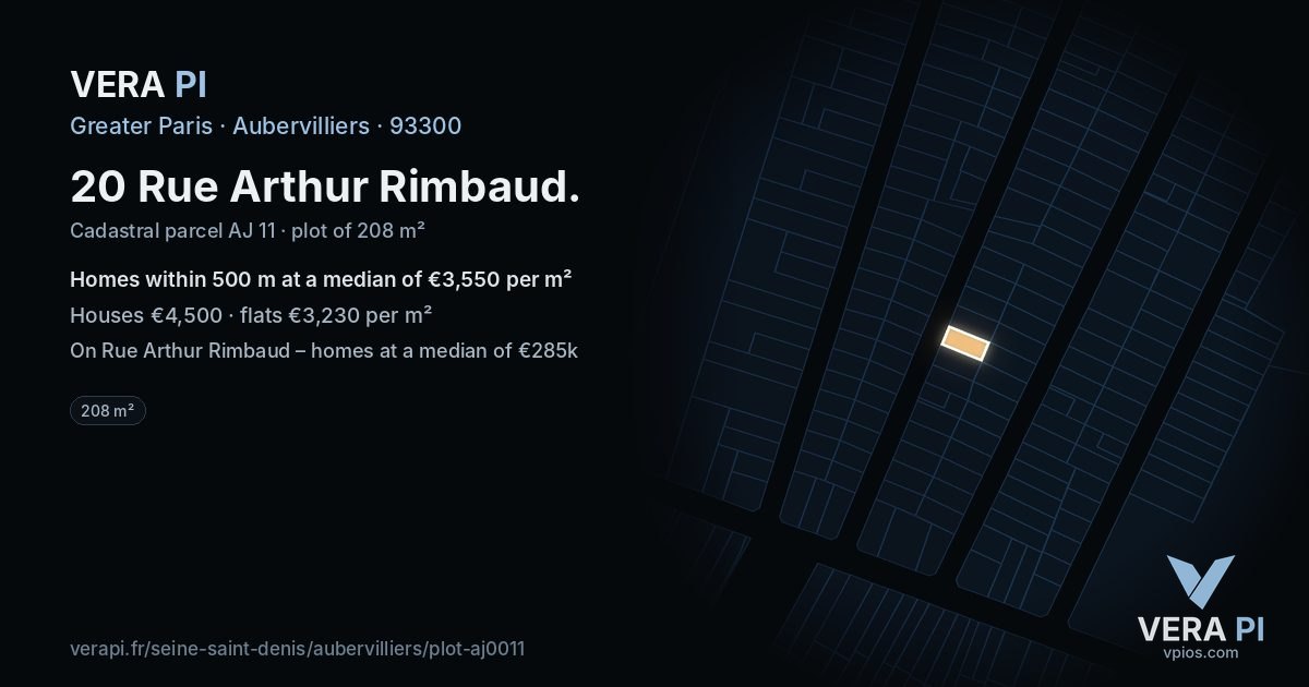 20 Rue Arthur Rimbaud, Aubervilliers at night – the plot lit, the parcels around coloured by the prices near them