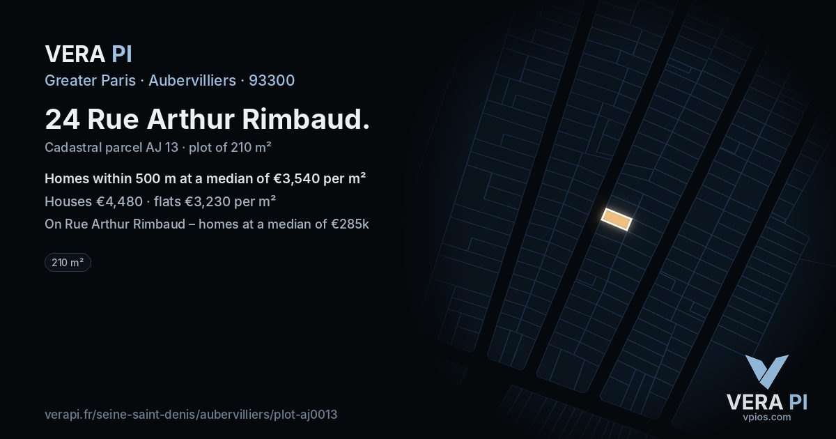 24 Rue Arthur Rimbaud, Aubervilliers at night – the plot lit, the parcels around coloured by the prices near them