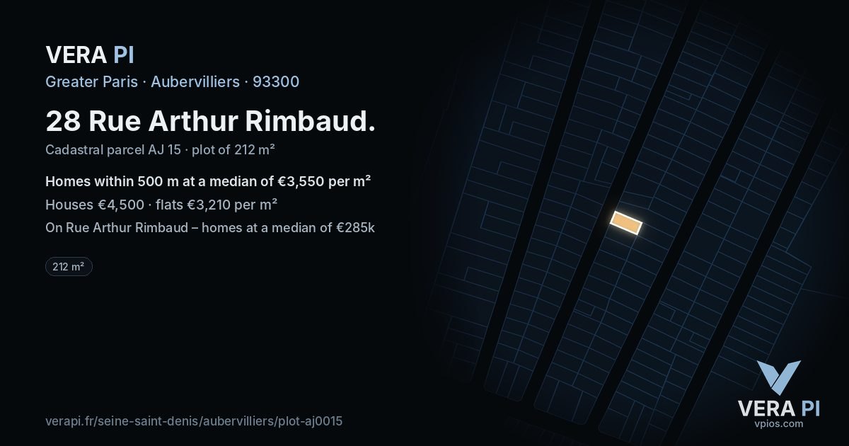 28 Rue Arthur Rimbaud, Aubervilliers at night – the plot lit, the parcels around coloured by the prices near them