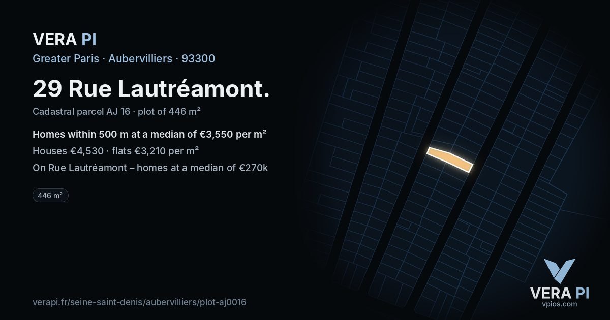 29 Rue Lautréamont, Aubervilliers at night – the plot lit, the parcels around coloured by the prices near them