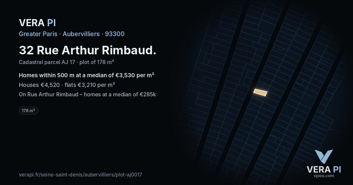 32 Rue Arthur Rimbaud, Aubervilliers at night – the plot lit, the parcels around coloured by the prices near them