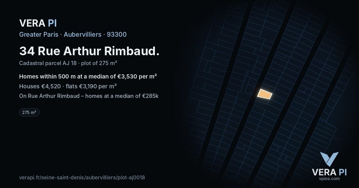 34 Rue Arthur Rimbaud, Aubervilliers at night – the plot lit, the parcels around coloured by the prices near them