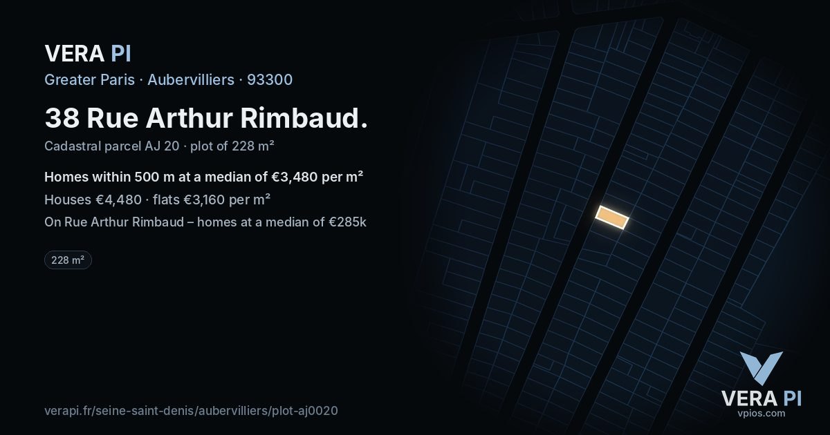 38 Rue Arthur Rimbaud, Aubervilliers at night – the plot lit, the parcels around coloured by the prices near them