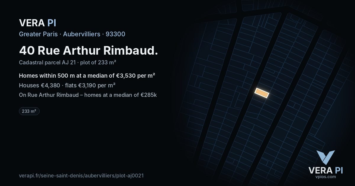 40 Rue Arthur Rimbaud, Aubervilliers at night – the plot lit, the parcels around coloured by the prices near them