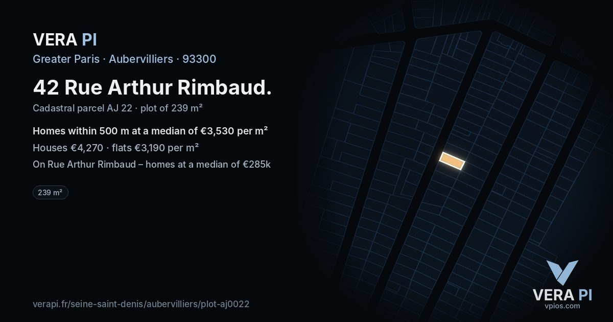 42 Rue Arthur Rimbaud, Aubervilliers at night – the plot lit, the parcels around coloured by the prices near them