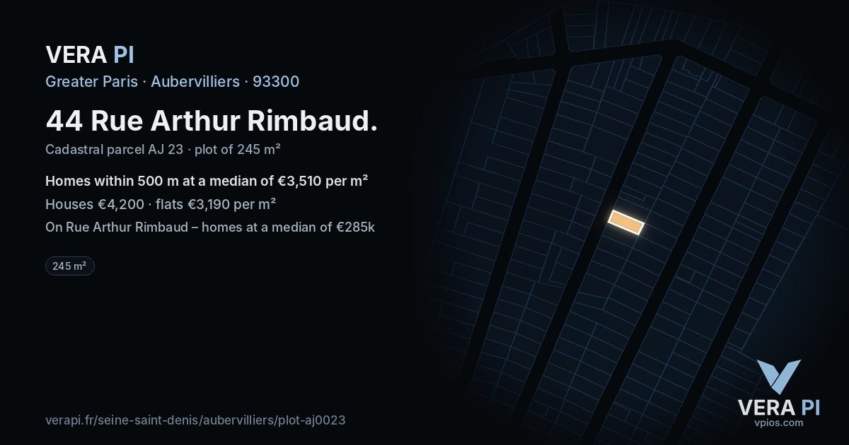 44 Rue Arthur Rimbaud, Aubervilliers at night – the plot lit, the parcels around coloured by the prices near them