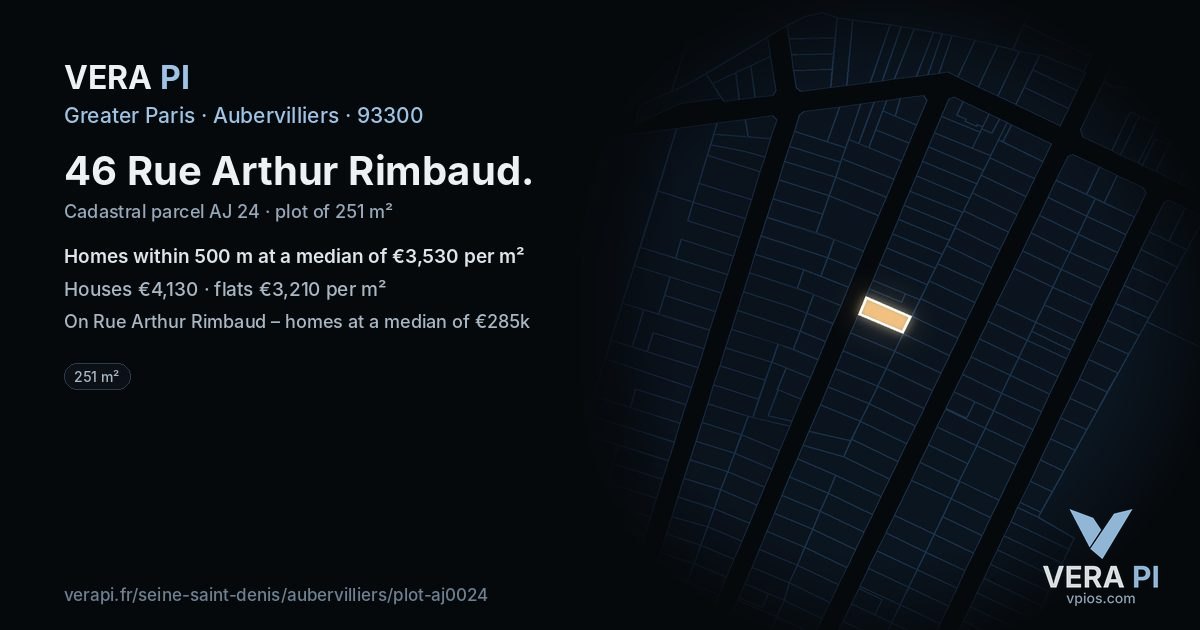 46 Rue Arthur Rimbaud, Aubervilliers at night – the plot lit, the parcels around coloured by the prices near them