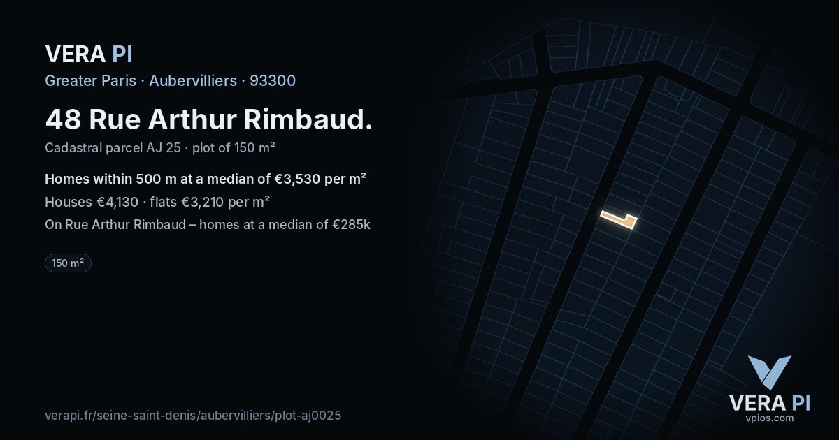 48 Rue Arthur Rimbaud, Aubervilliers at night – the plot lit, the parcels around coloured by the prices near them