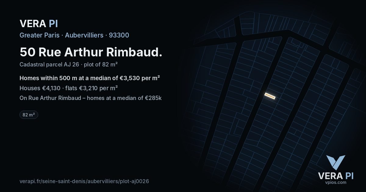 50 Rue Arthur Rimbaud, Aubervilliers at night – the plot lit, the parcels around coloured by the prices near them