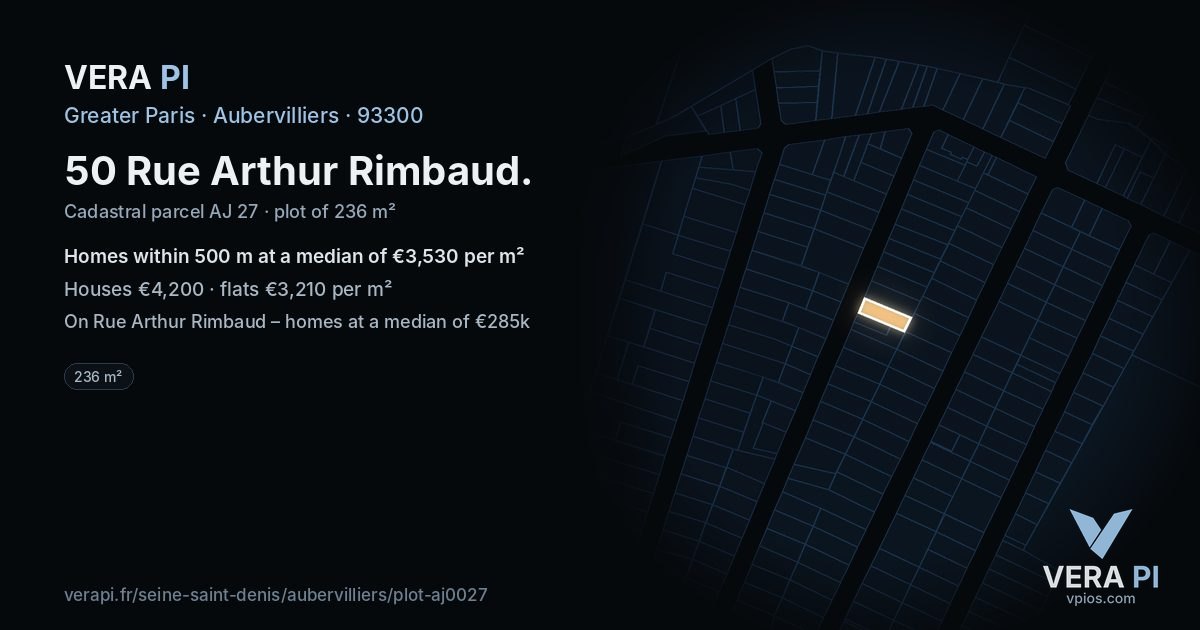 50 Rue Arthur Rimbaud, Aubervilliers at night – the plot lit, the parcels around coloured by the prices near them