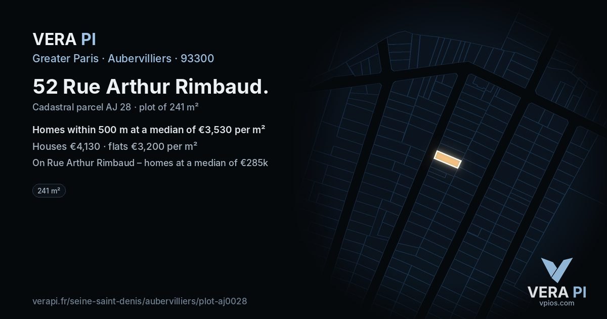 52 Rue Arthur Rimbaud, Aubervilliers at night – the plot lit, the parcels around coloured by the prices near them