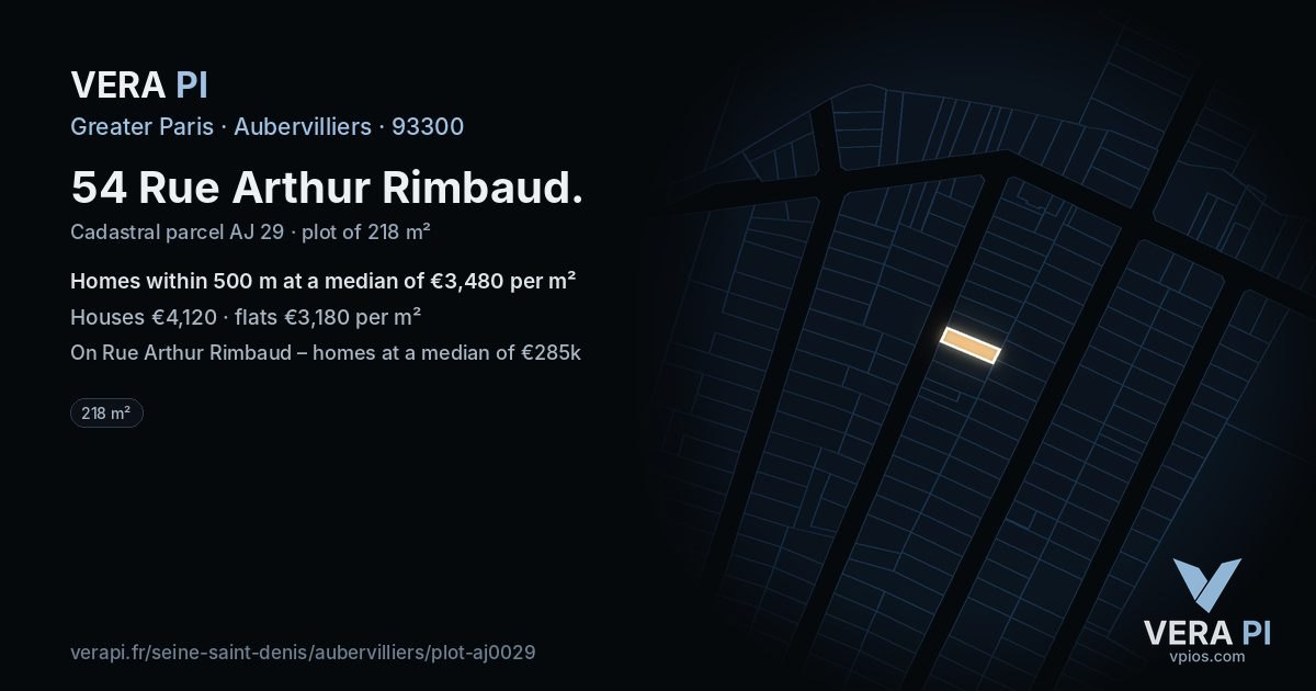 54 Rue Arthur Rimbaud, Aubervilliers at night – the plot lit, the parcels around coloured by the prices near them