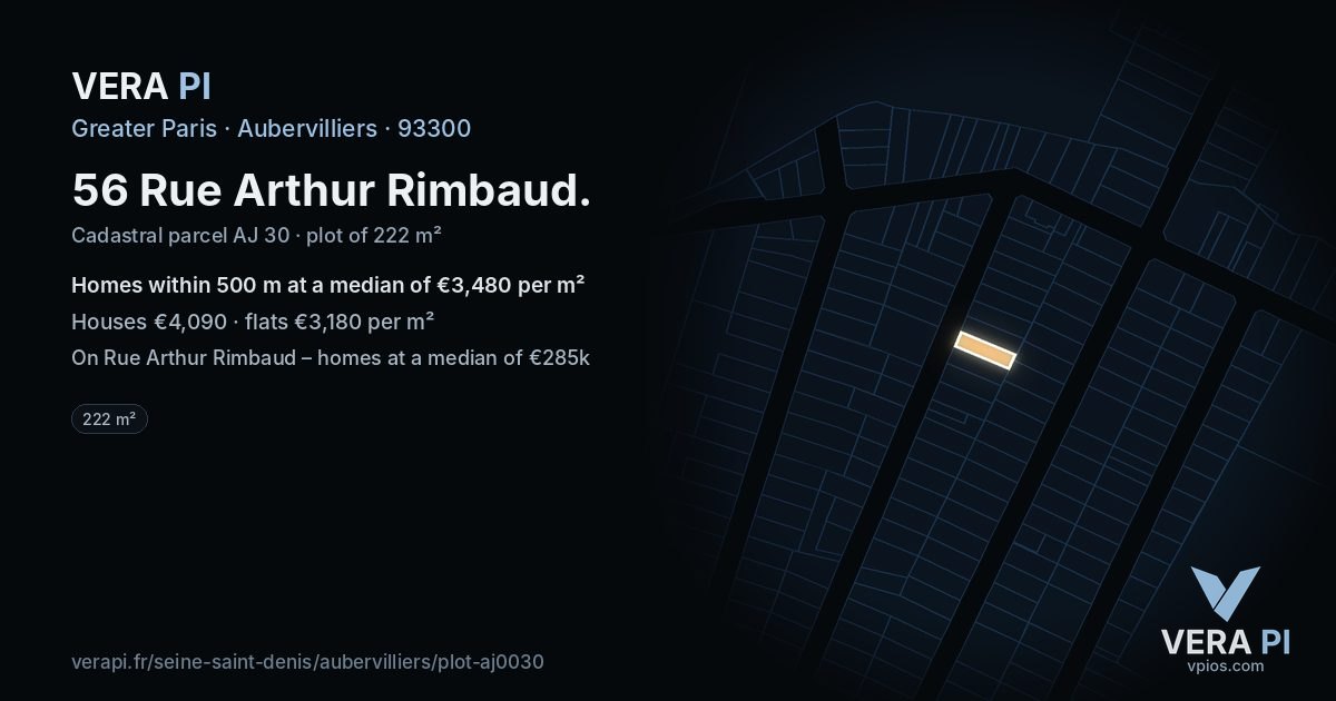 56 Rue Arthur Rimbaud, Aubervilliers at night – the plot lit, the parcels around coloured by the prices near them
