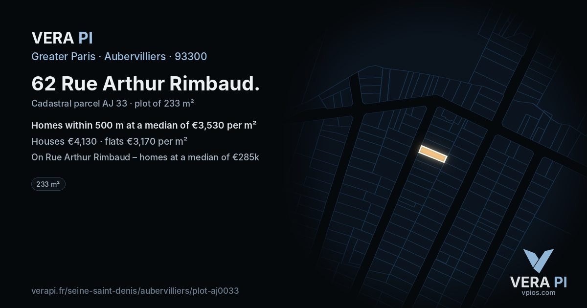 62 Rue Arthur Rimbaud, Aubervilliers at night – the plot lit, the parcels around coloured by the prices near them
