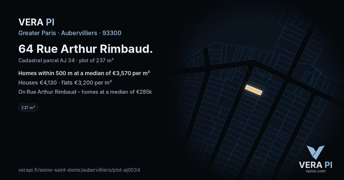 64 Rue Arthur Rimbaud, Aubervilliers at night – the plot lit, the parcels around coloured by the prices near them